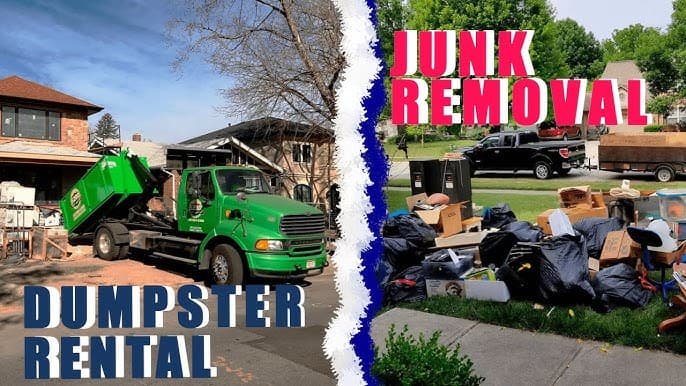Split comparison: an orange roll-off dumpster on a residential driveway (dumpster rental) next to a curbside pile of boxes and bagged debris ready for pickup (junk removal)